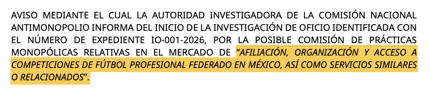 Recorte del extracto del acuerdo de inicio donde se observa el mercado investigado